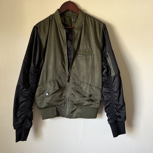 MEMBERS ONLY Women’s Satin Ruched Sleeve Raglan Bomber Jacket, Dark Sage- Small - Picture 1 of 9